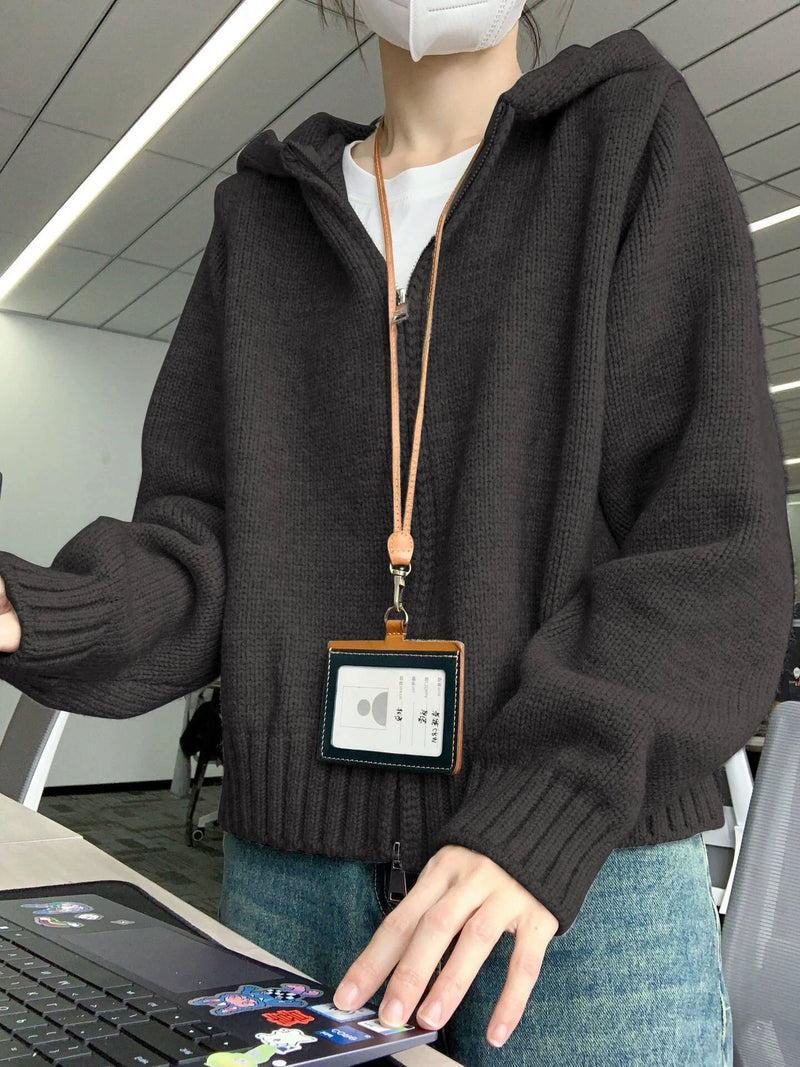 潮牌学生连帽卫衣针织开衫毛衣女秋冬时尚软糯纯色百搭外套上衣厚