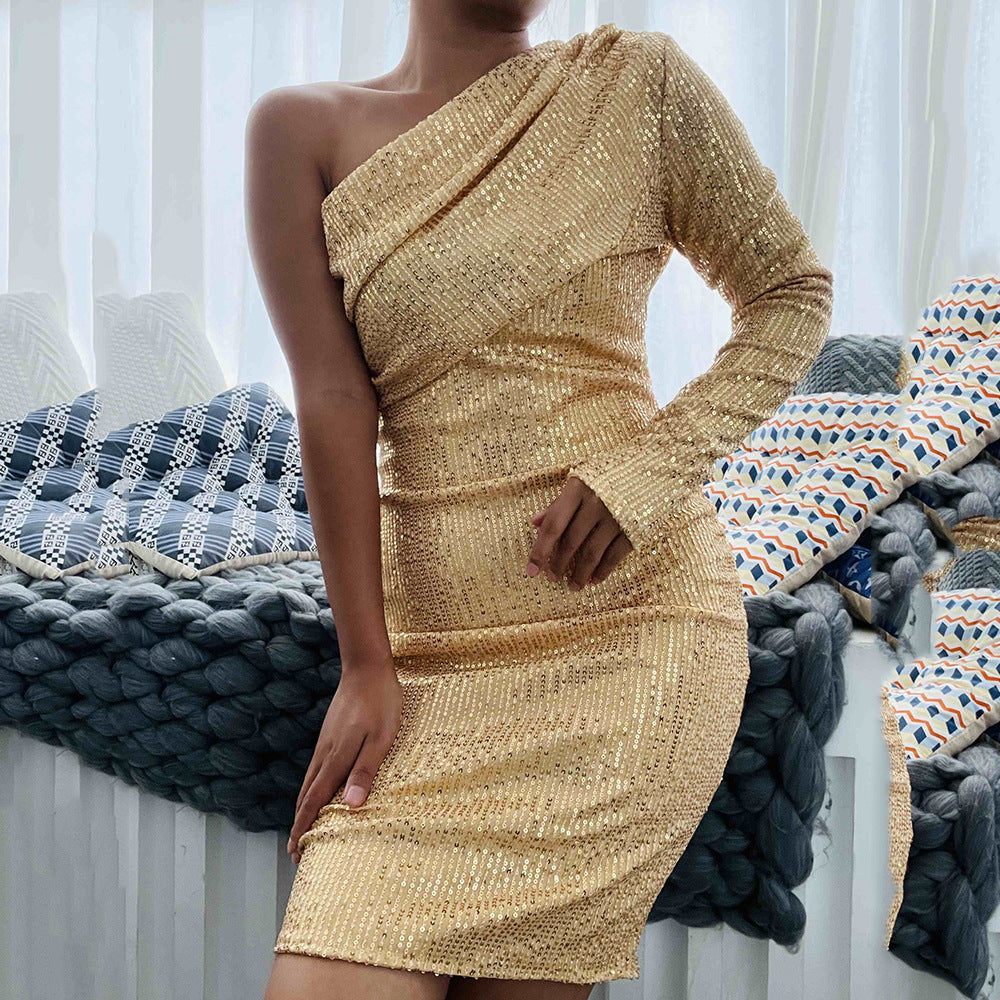 Women's One-Shoulder Sequin Evening Dress - Gold