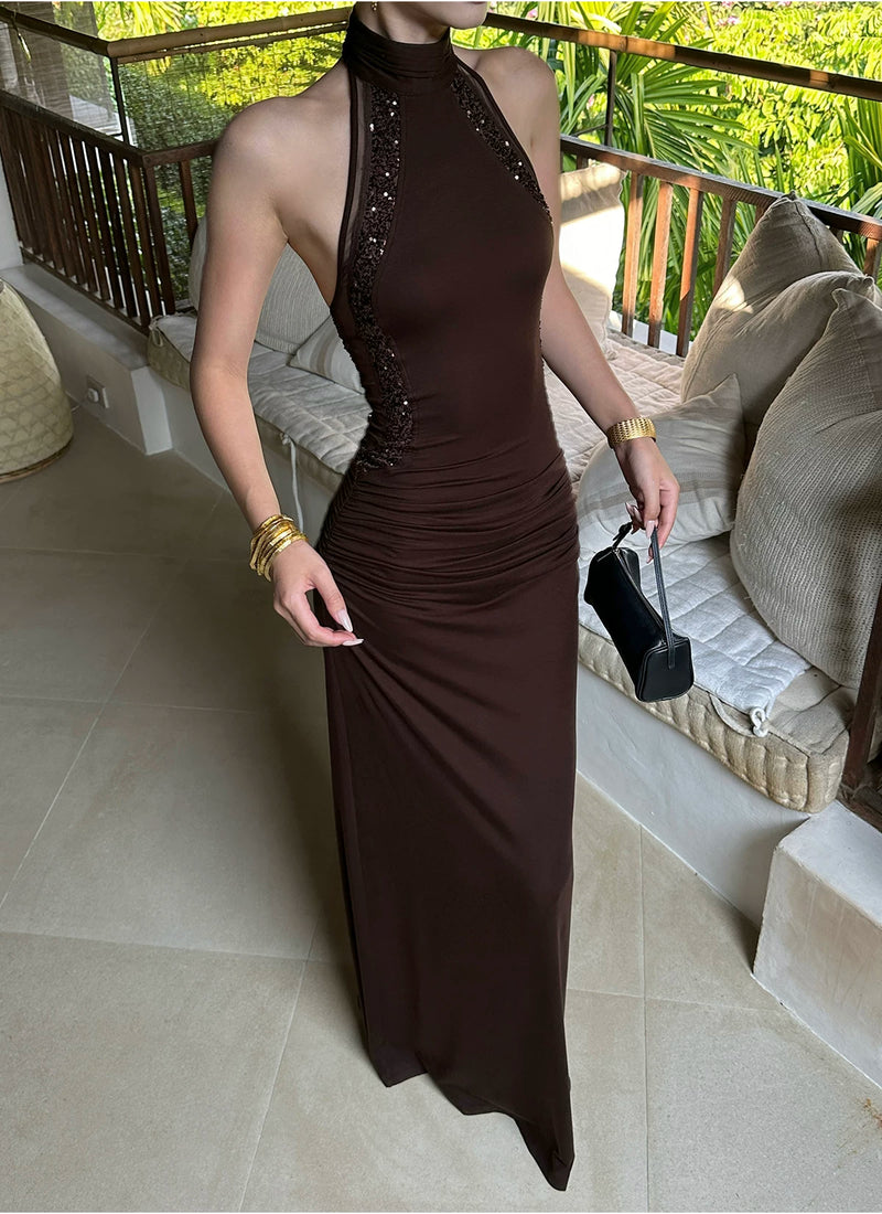 Chocolate Brown Ruched Halter Open Back Maxi Dress - detail or back view