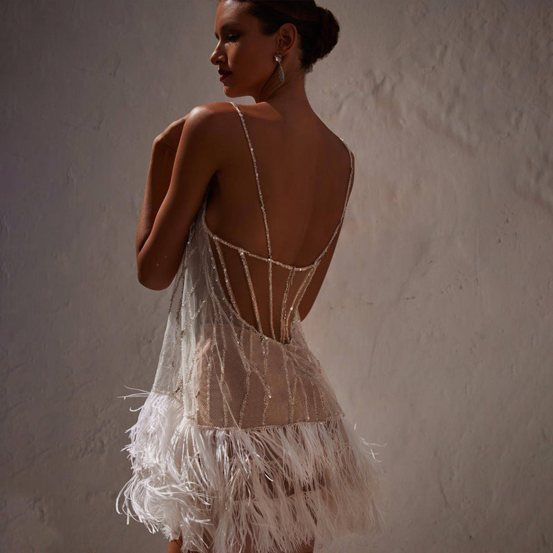 Women's Spaghetti-Strap Sequin Fringe Mini Cocktail Dress with Open Back