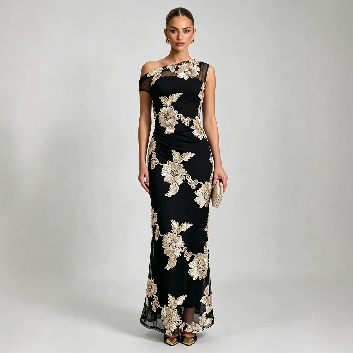 Women's One-Shoulder Mesh Mermaid Maxi Evening Dress