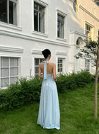 Light Blue Bow Front Corset Halter Maxi Dress - detail or back view