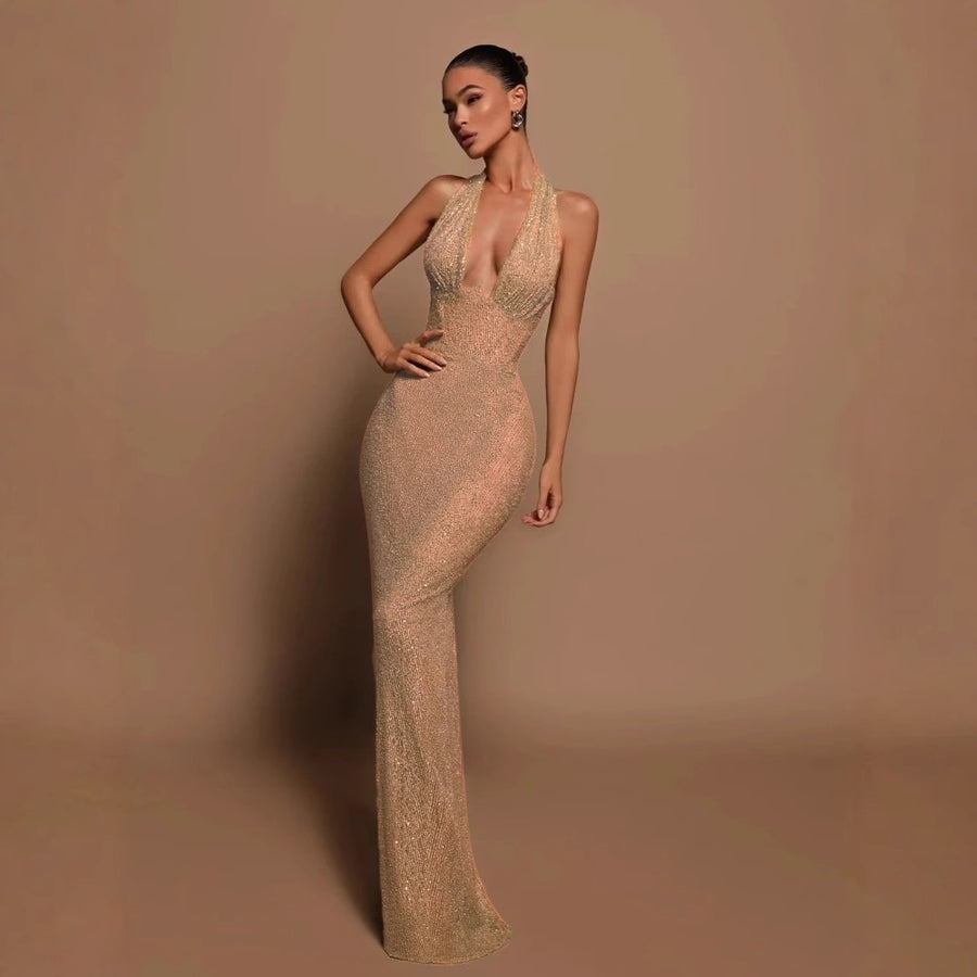 Women's Halter Sequin Bodycon Evening Dress