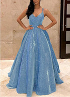 Women's Strapless Sequin A-Line Evening Gown - Blue
