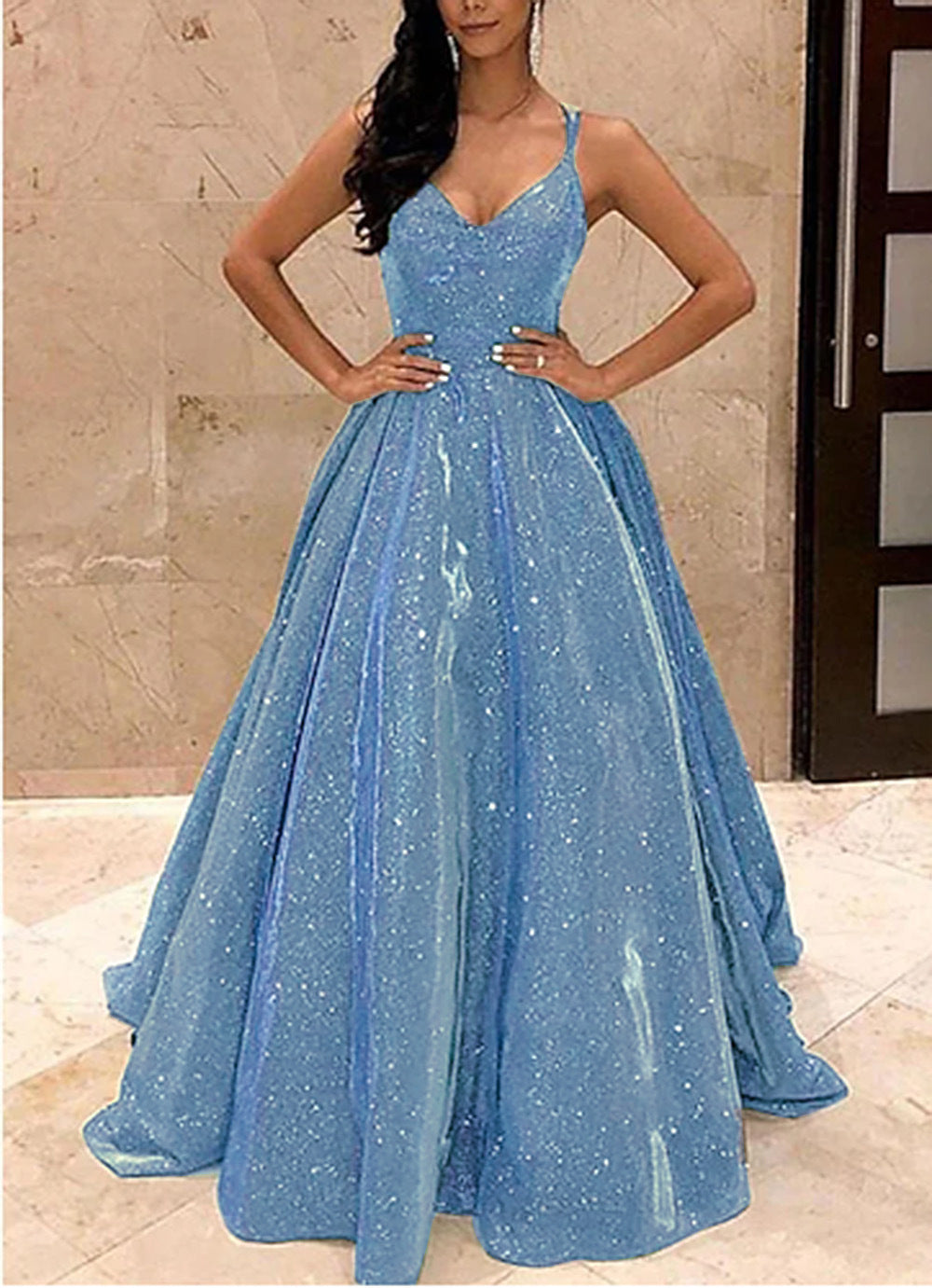 Women's Strapless Sequin A-Line Evening Gown - Blue