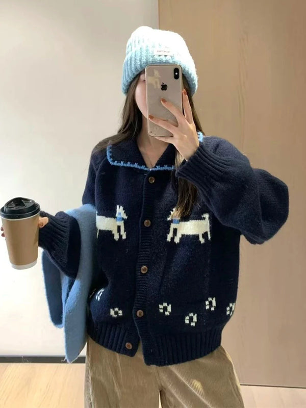 复古费尔岛小狗提花毛衣外套女秋冬季加厚宽松慵懒风翻领针织开衫