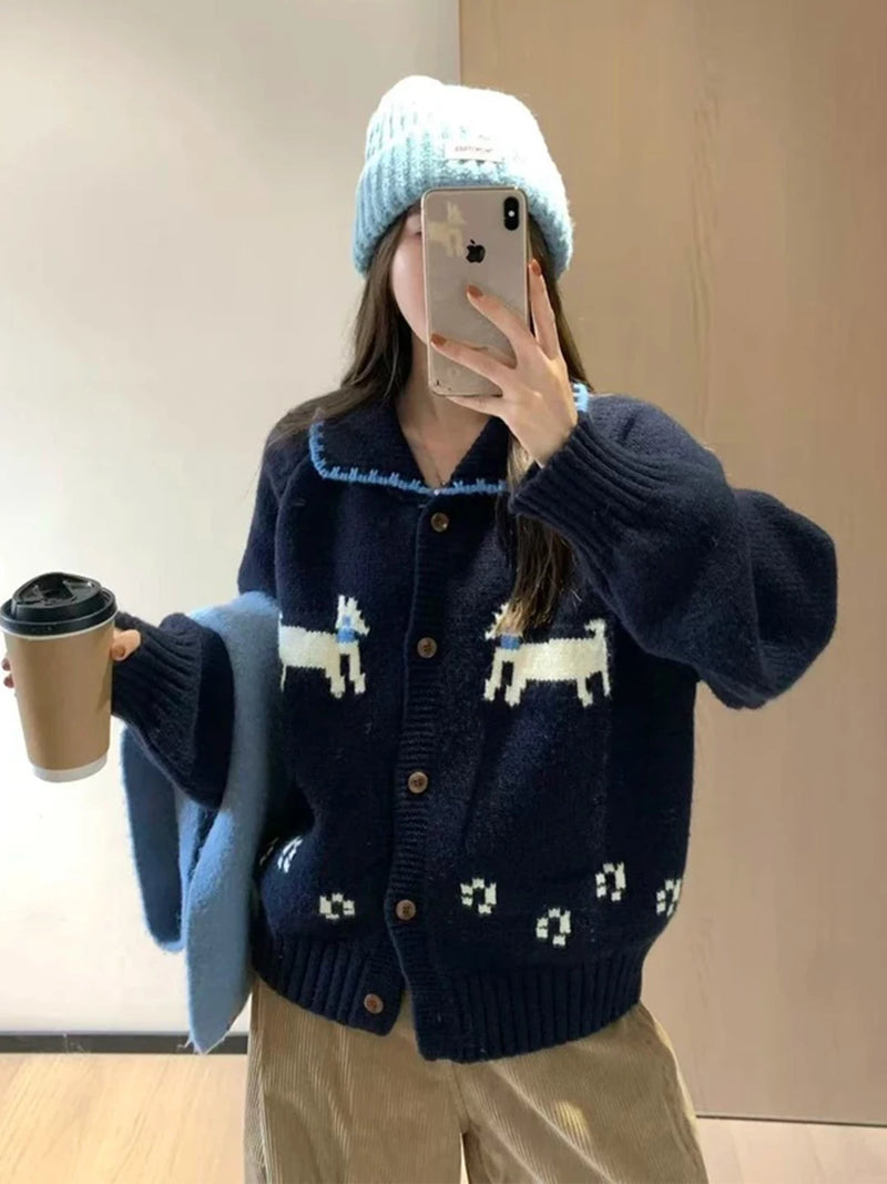 复古费尔岛小狗提花毛衣外套女秋冬季加厚宽松慵懒风翻领针织开衫