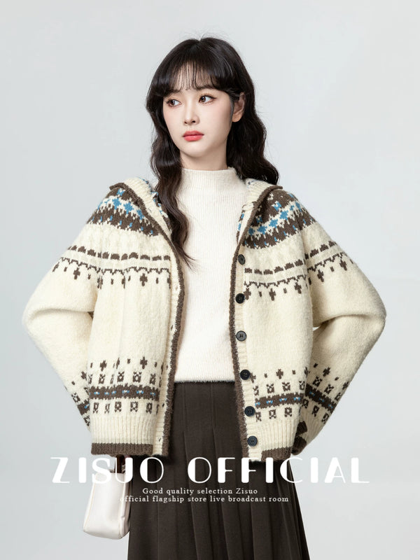 费尔岛连帽毛衣外套女2026秋冬新款复古撞色加厚带帽针织开衫上衣