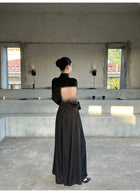 Black High Neck Keyhole Long Sleeve Maxi Dress - detail or back view