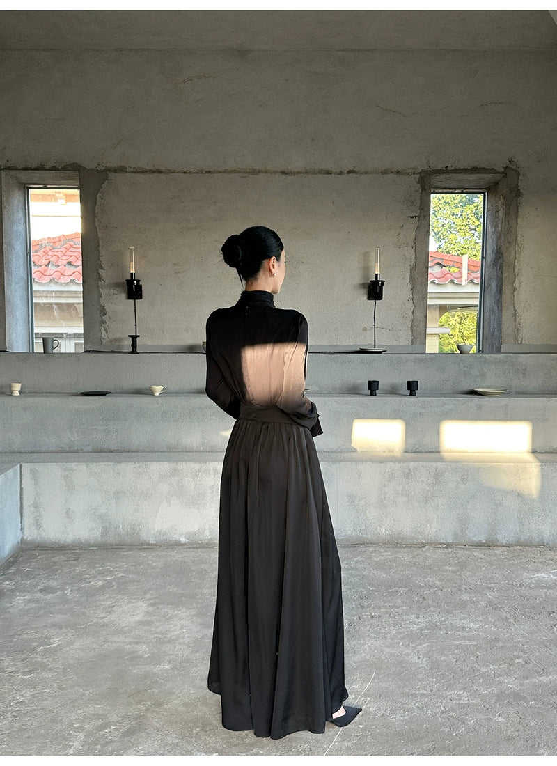 Black High Neck Keyhole Long Sleeve Maxi Dress - detail or back view