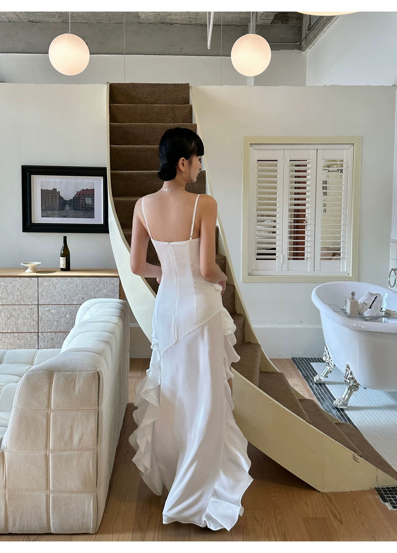 White Corset Cascading Ruffle High Low Dress - detail or back view