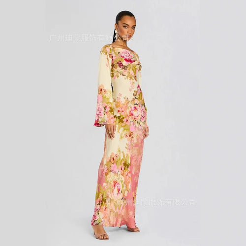 Floral Bell-Sleeve Maxi Evening Dress