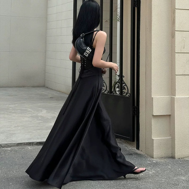 Satin Corset Drop Waist A Line Maxi Dress - Black