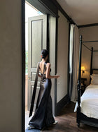 Keyhole Scarf Halter Satin Maxi Dress - detail or back view