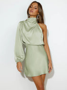 Women's Satin One-Shoulder Long-Sleeve Mini Cocktail Dress - Light Green