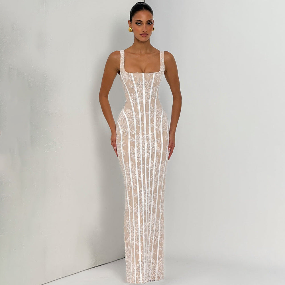 Women's Spaghetti-Strap Lace Maxi Evening Dress