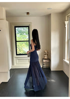 Navy Off Shoulder Ruched Drop Waist Maxi Dress - detail or back view