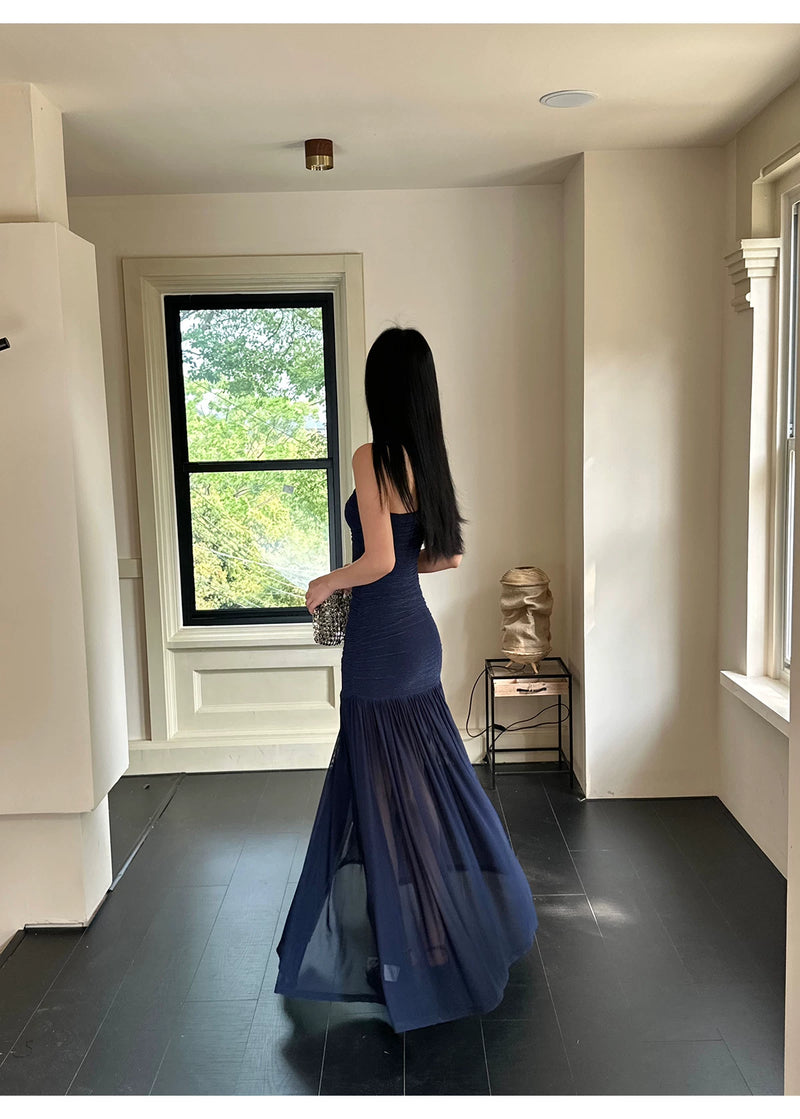 Navy Off Shoulder Ruched Drop Waist Maxi Dress - detail or back view