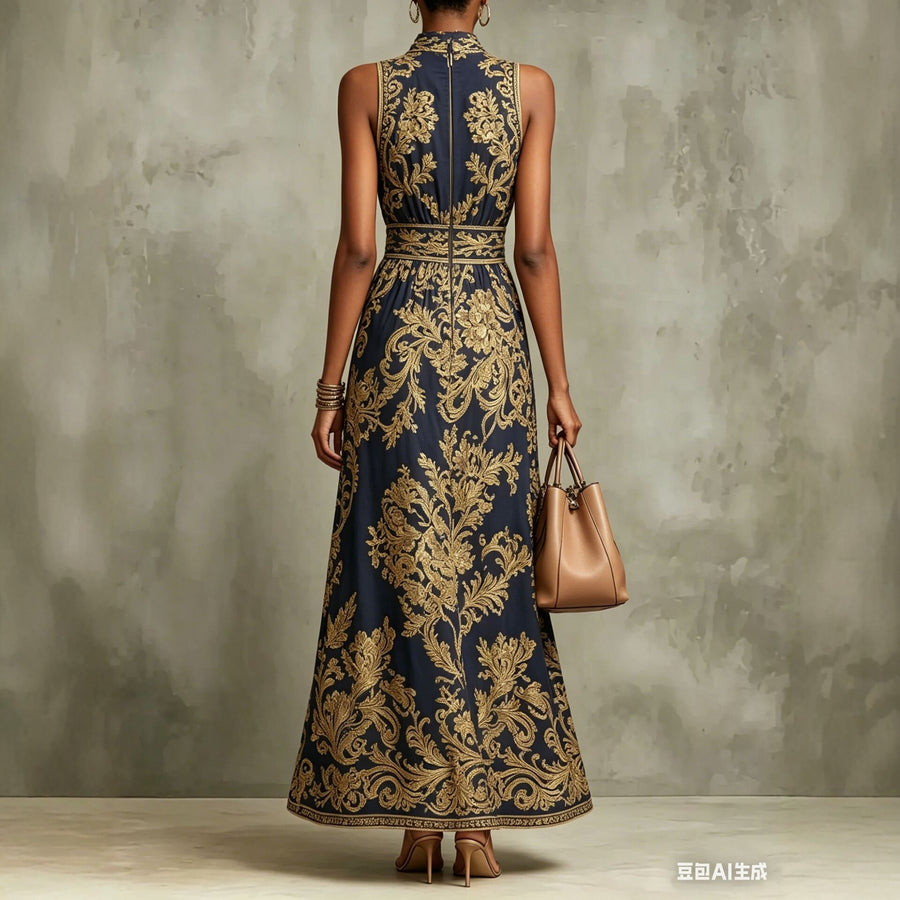 Women's Embroidered Navy Blue Maxi Evening Gown
