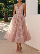 Women's V-Neck Sleeveless Floral Evening Dress - Hot Pink