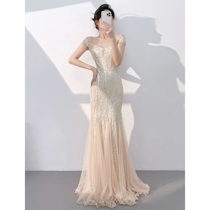 Off-Shoulder Sequin Corset Mermaid Prom Dress — Champagne — view 2