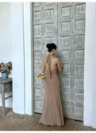 Khaki Cross Halter Gathered Maxi Dress - detail or back view