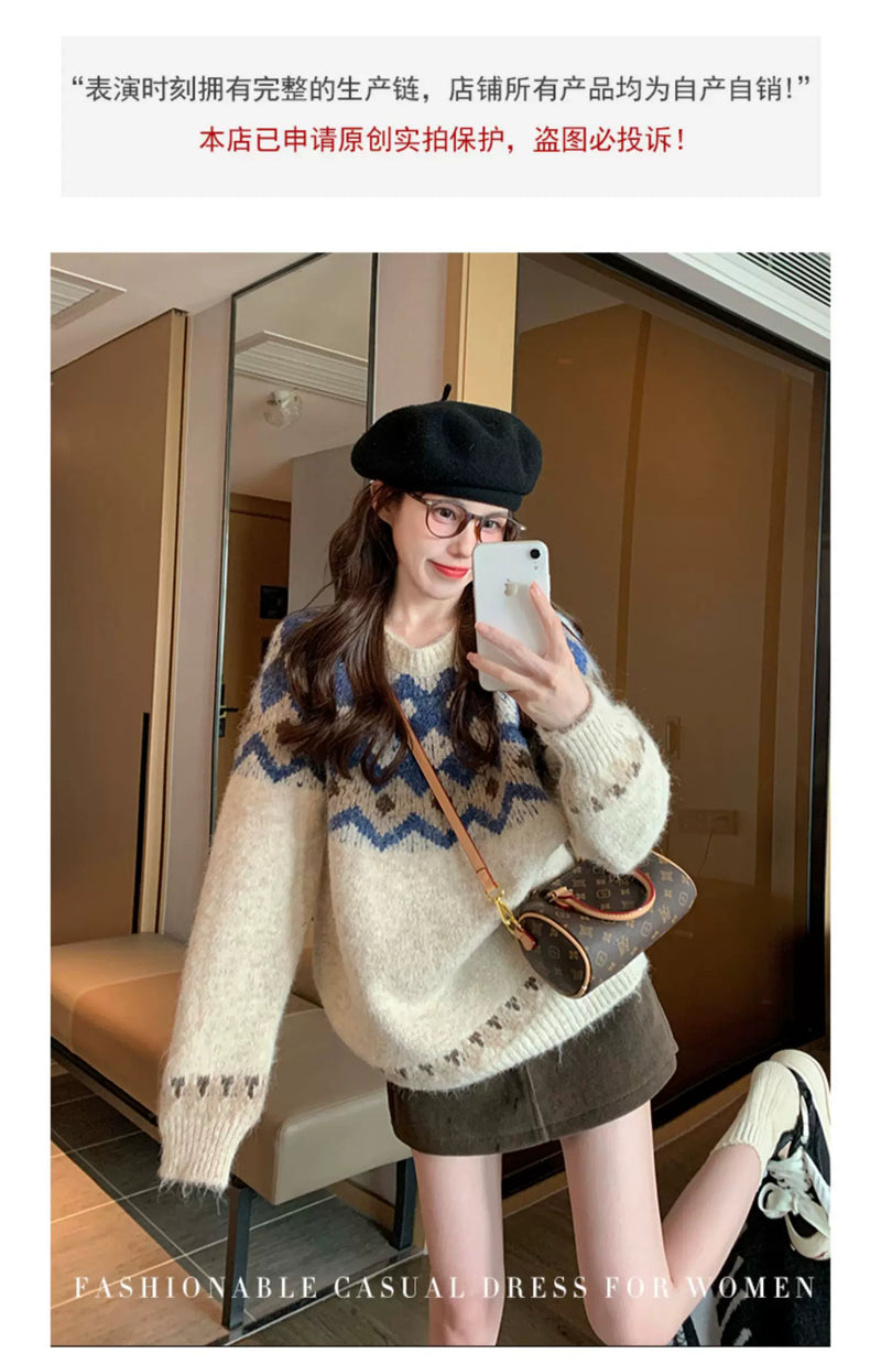 费尔岛套头毛衣女冬季加厚港味复古奶fufu慵懒风小个子内搭针织衫