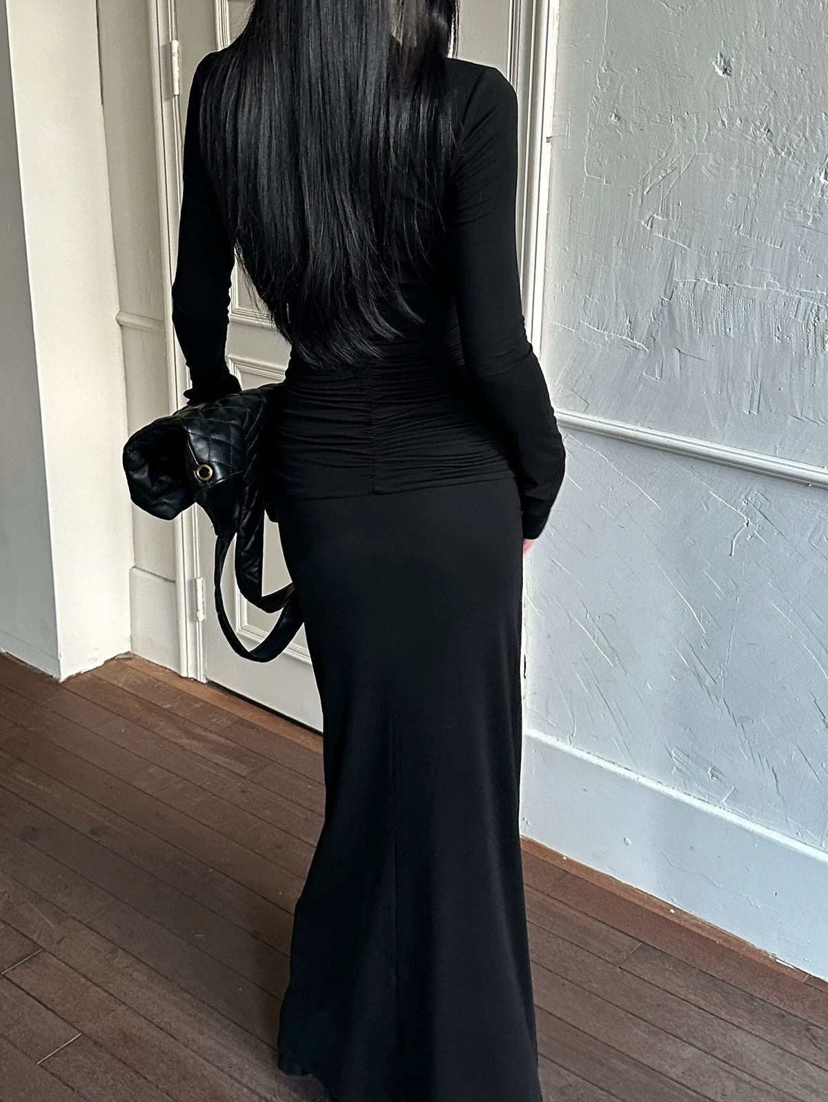 Black Asymmetric Cutout Long Sleeve Maxi Dress - detail or back view