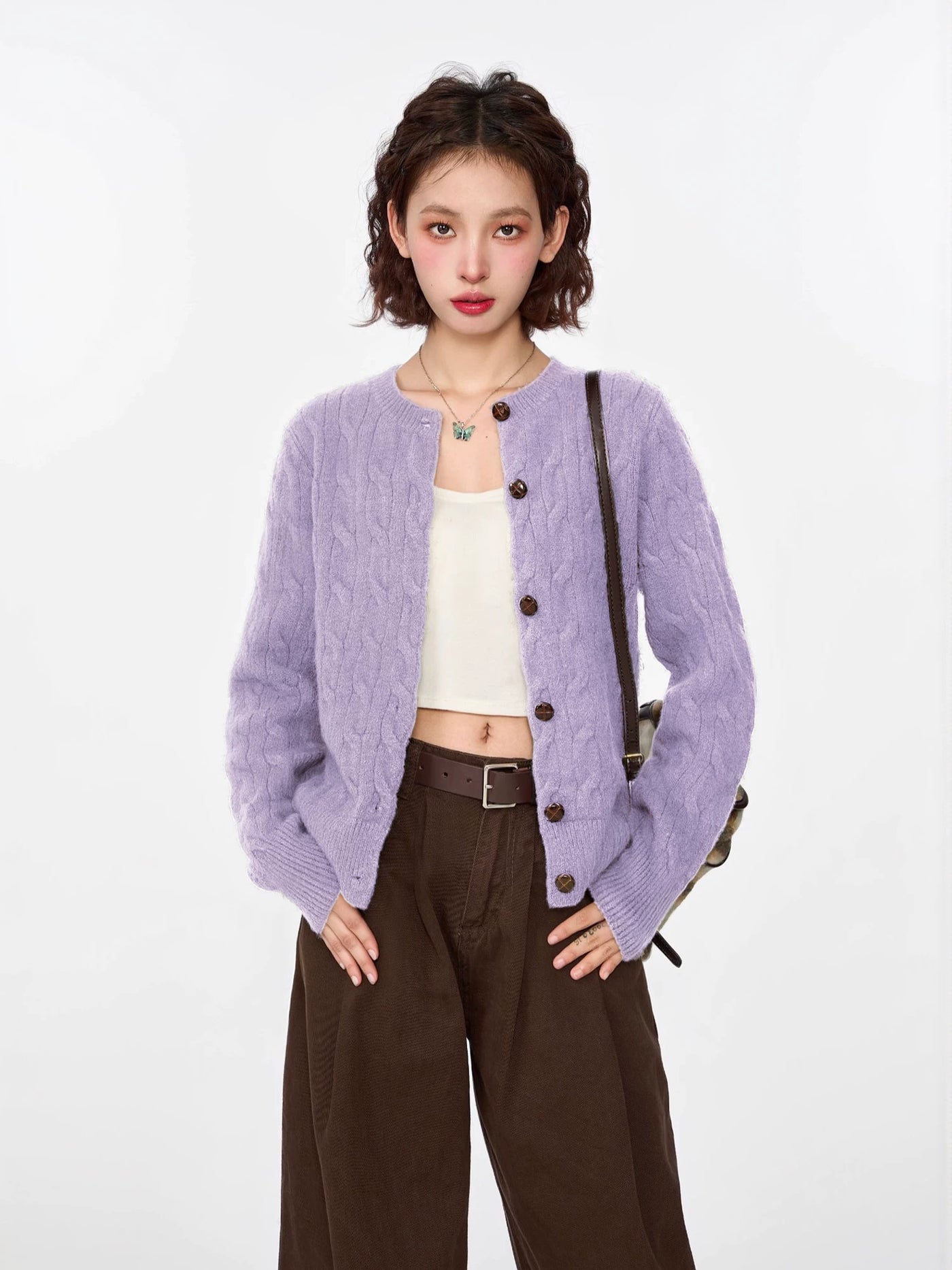 绿色麻花毛衣开衫外套女早春春季韩系内搭打底短款针织衫长袖上衣