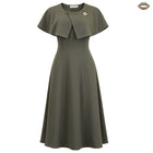 Women's Round-Neck A-Line Midi Evening Dress - Olive Green with Brooch