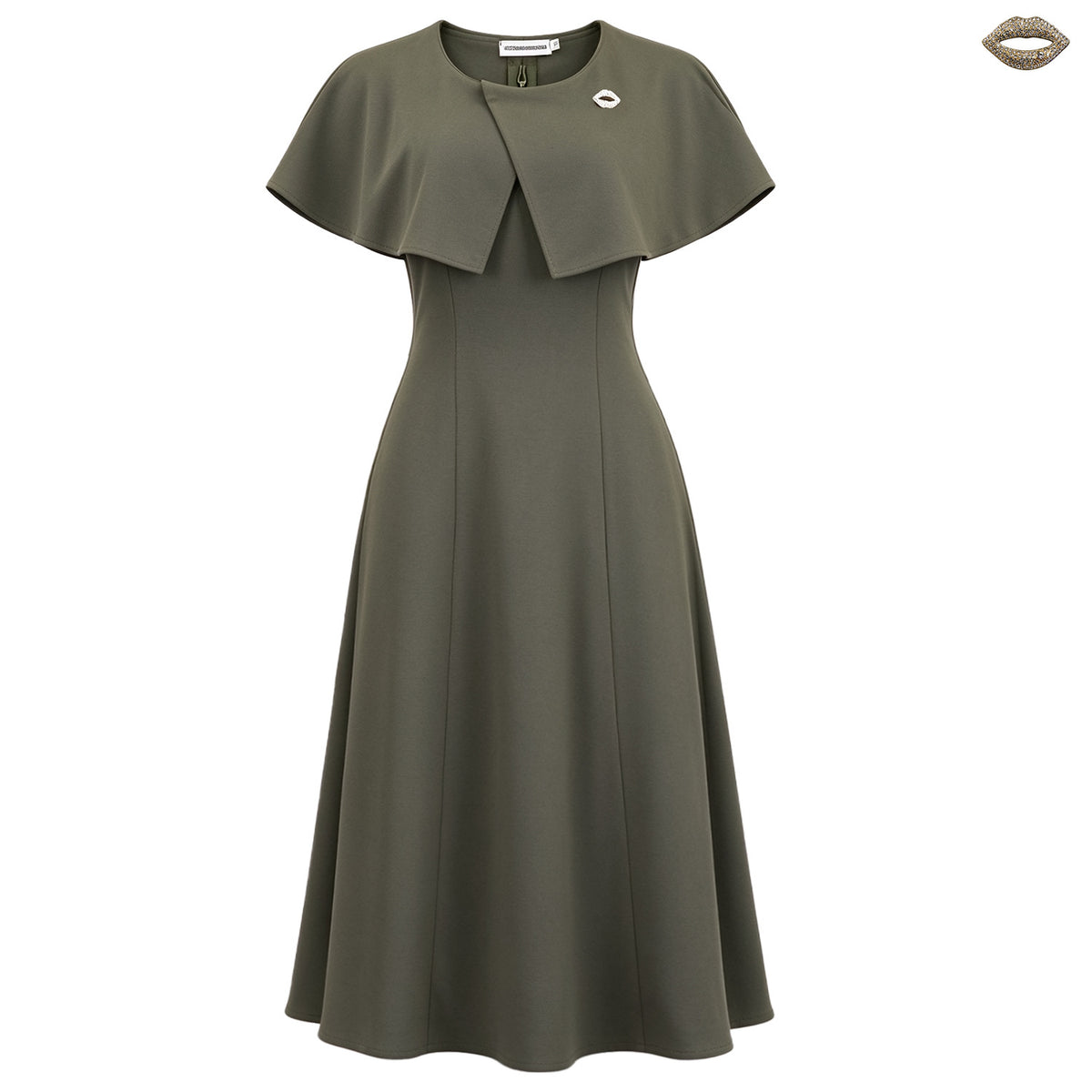 Women's Round-Neck A-Line Midi Evening Dress - Olive Green with Brooch