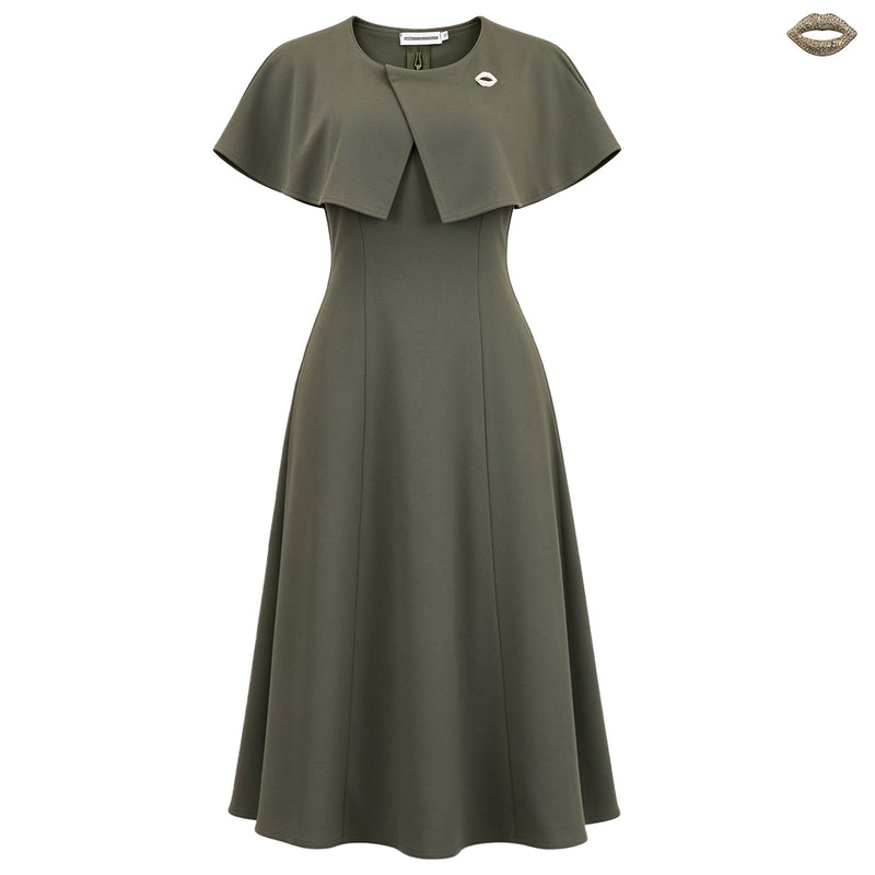 Women's Round-Neck A-Line Midi Evening Dress - Olive Green with Brooch