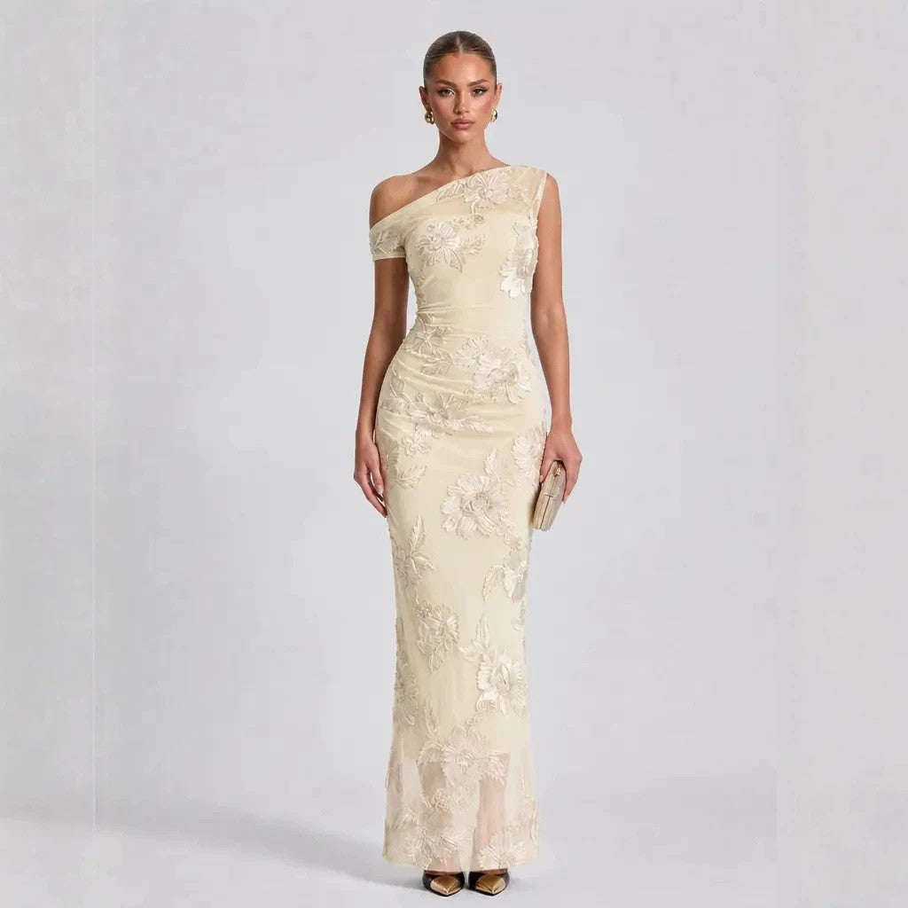 Women's One-Shoulder Mesh Mermaid Maxi Evening Dress