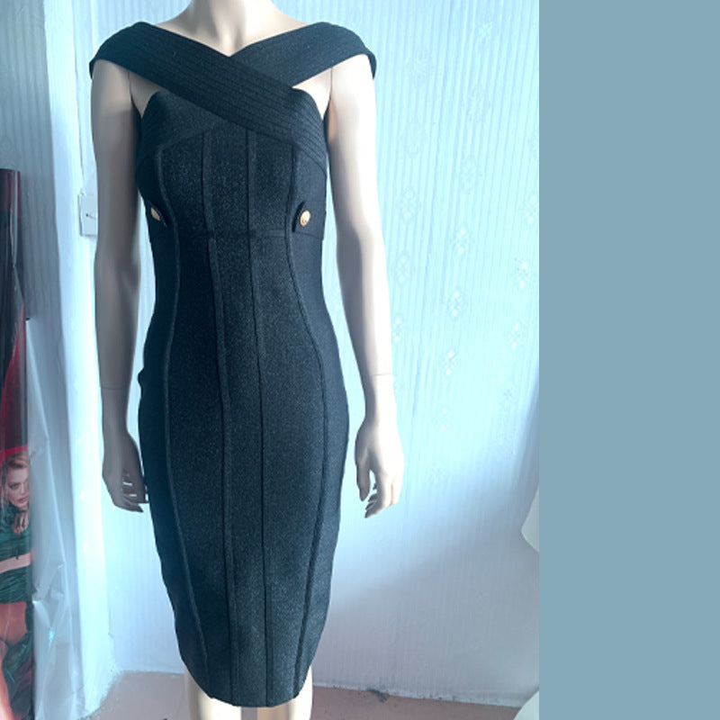 Women's Off-Shoulder Bandage Midi Evening Dress - Black