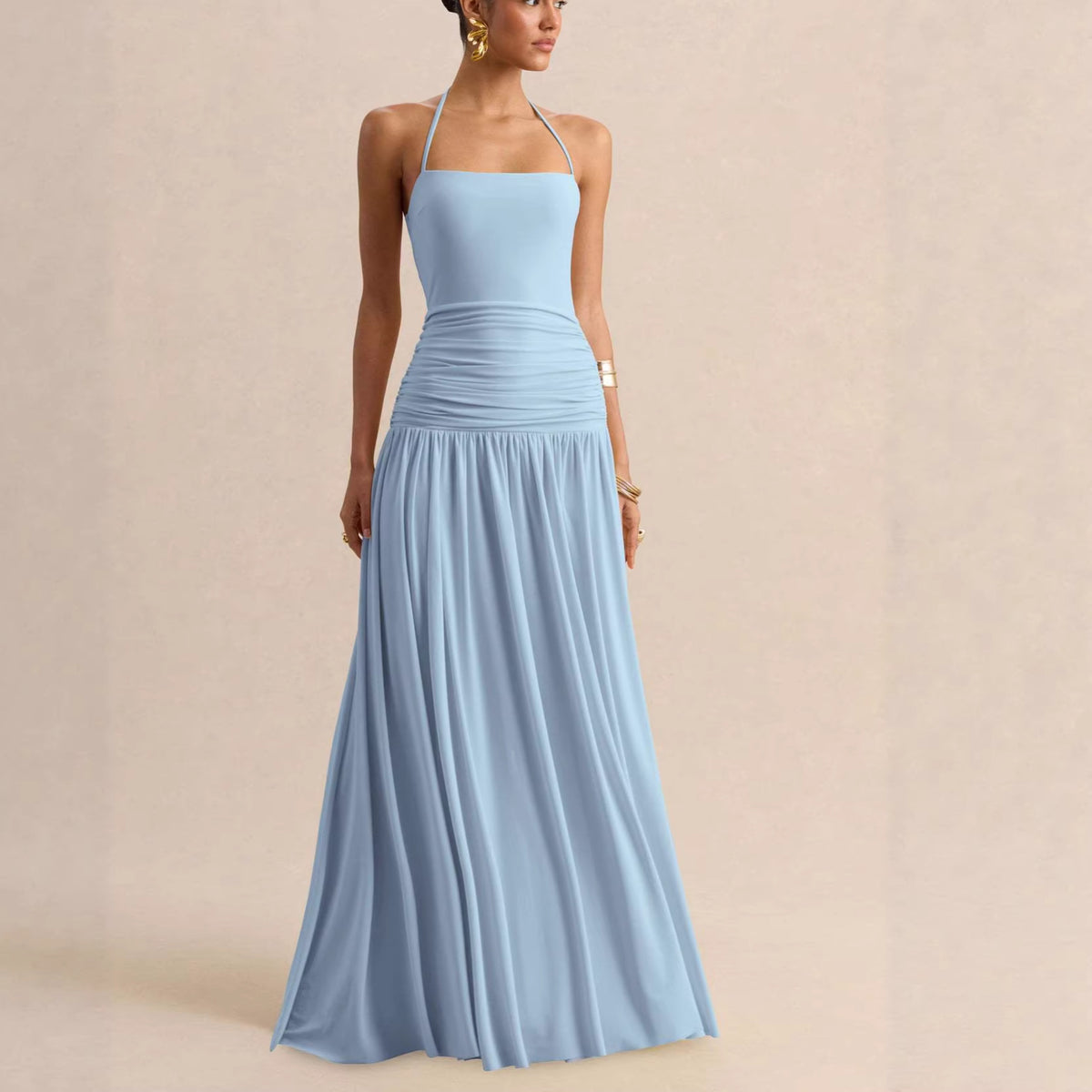 Women's Halter Ruched Evening Dress with Open Back - Light Blue