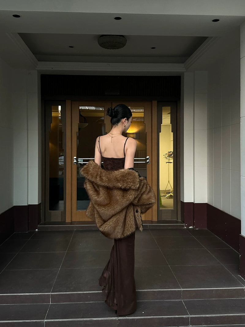 Brown Lace Bodice Ruched Maxi Dress - detail or back view