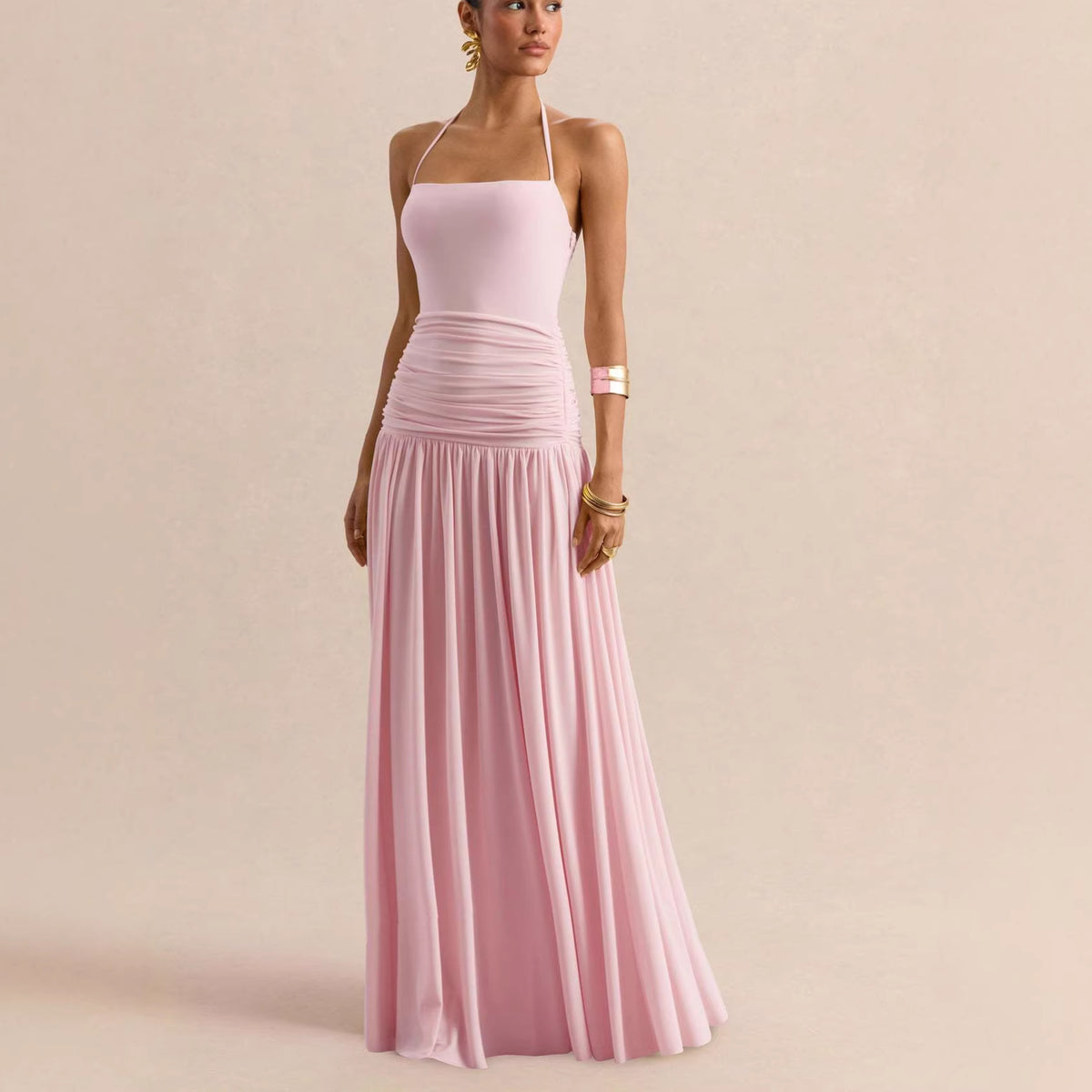 Women's Halter Ruched Evening Dress with Open Back