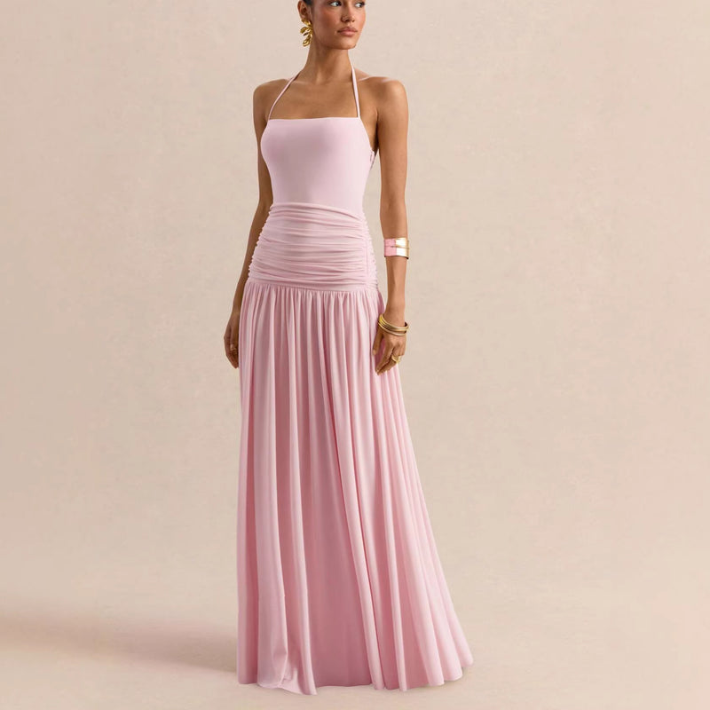 Women's Halter Ruched Evening Dress with Open Back