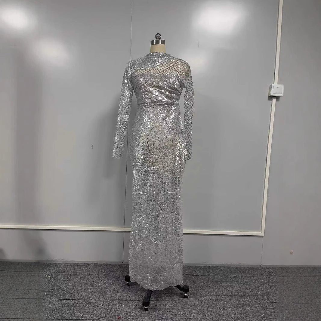 Women's Silver Sequin Long-Sleeve Bodycon Maxi Dress