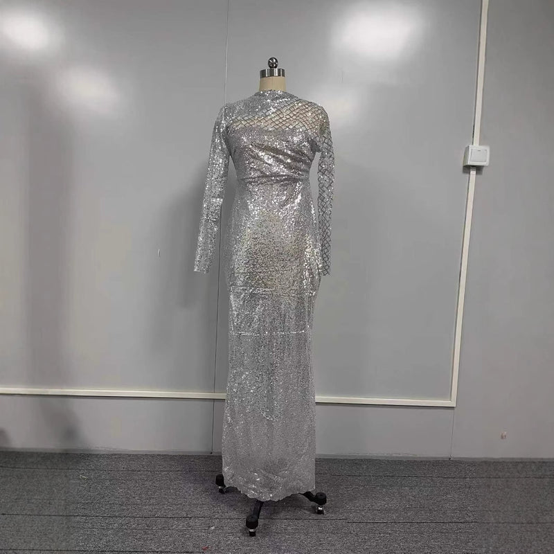 Women's Silver Sequin Long-Sleeve Bodycon Maxi Dress