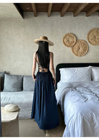 Navy Ruched Corset Spaghetti Strap Maxi Dress - detail or back view
