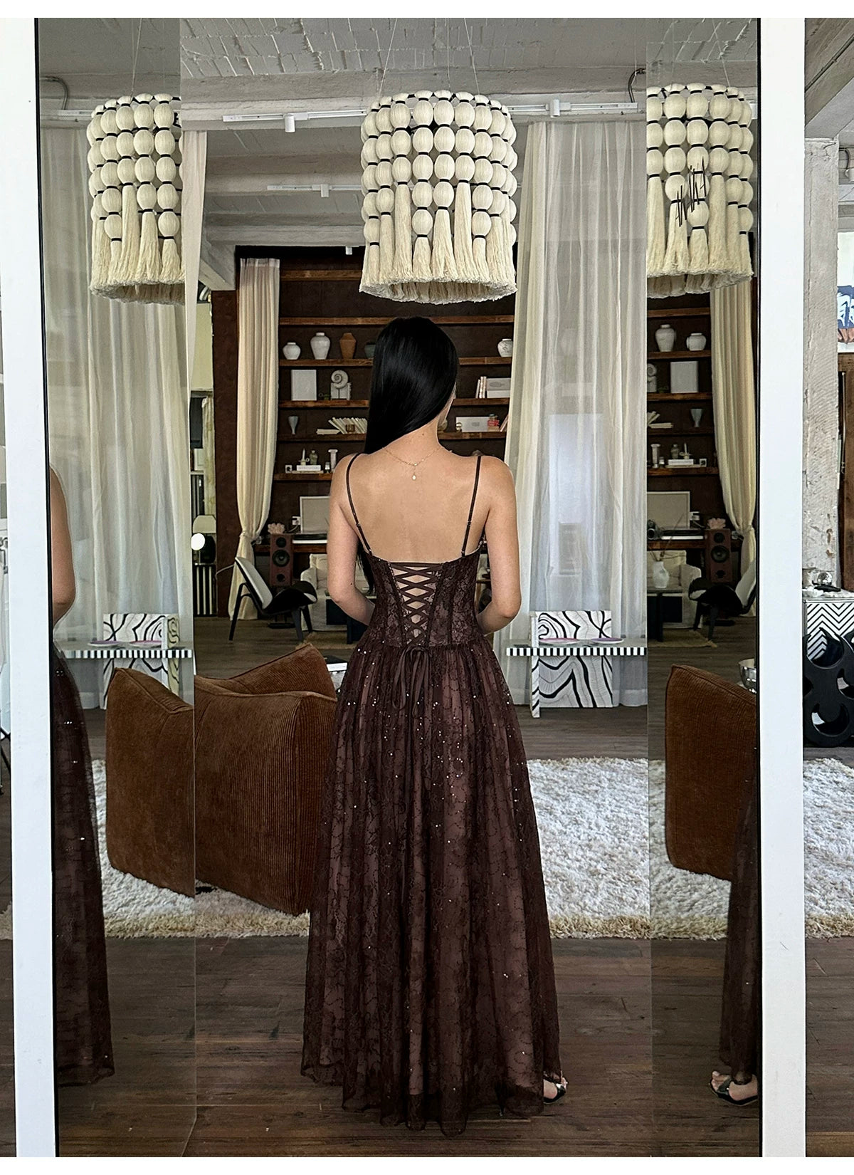 Floral Lace Corset A Line Maxi Dress - detail or back view