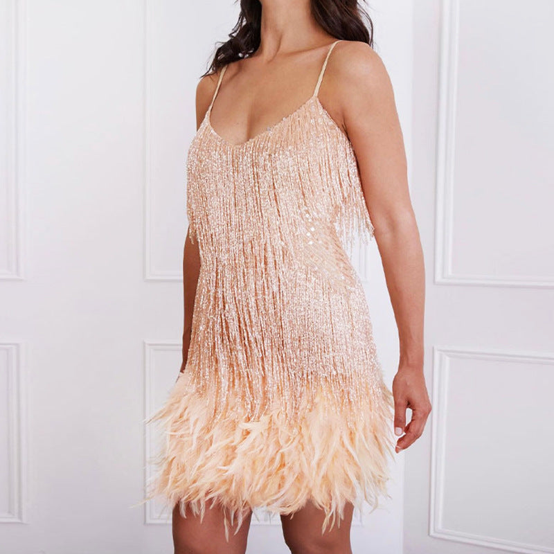 Women's V-Neck Sequin Feather-Trim Evening Dress