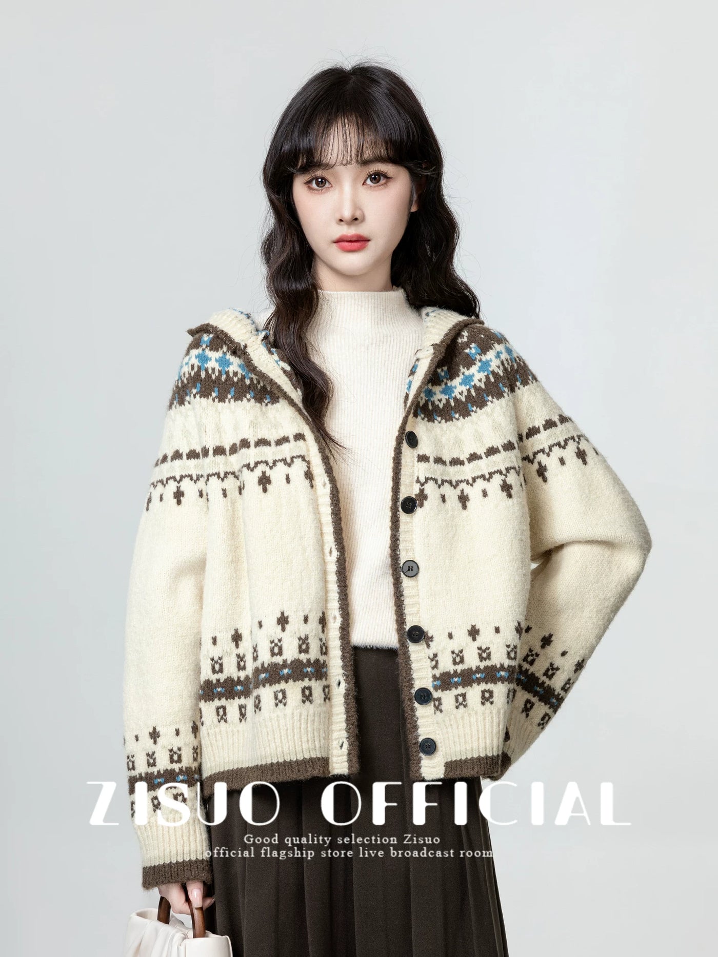 费尔岛连帽毛衣外套女2026秋冬新款复古撞色加厚带帽针织开衫上衣
