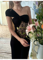 Asymmetric Twist-Front Lace-Panel Maxi Dress — Black — view 7