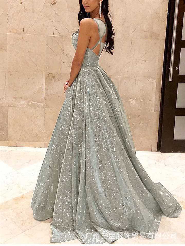 Women's Strapless Sequin A-Line Evening Gown - Silver/White
