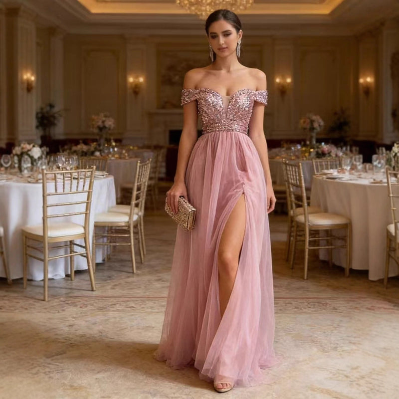 Women's V-Neck Sequin Maxi Evening Dress with Open Back