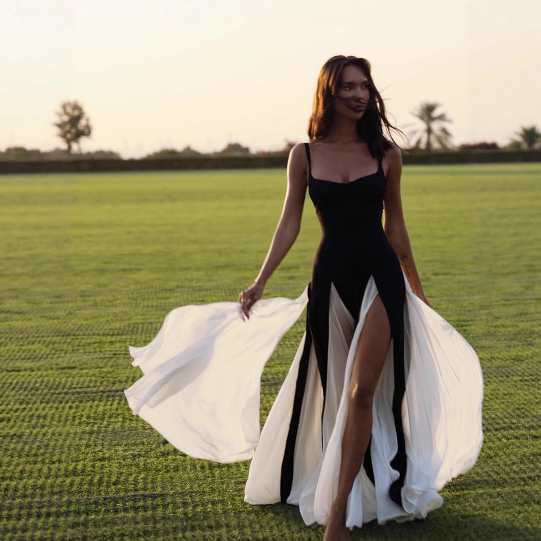 Color-Block Slit Maxi Dress - Black/White