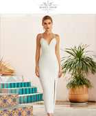 Women's White V-Neck Ruched Slit Maxi Evening Dress - White