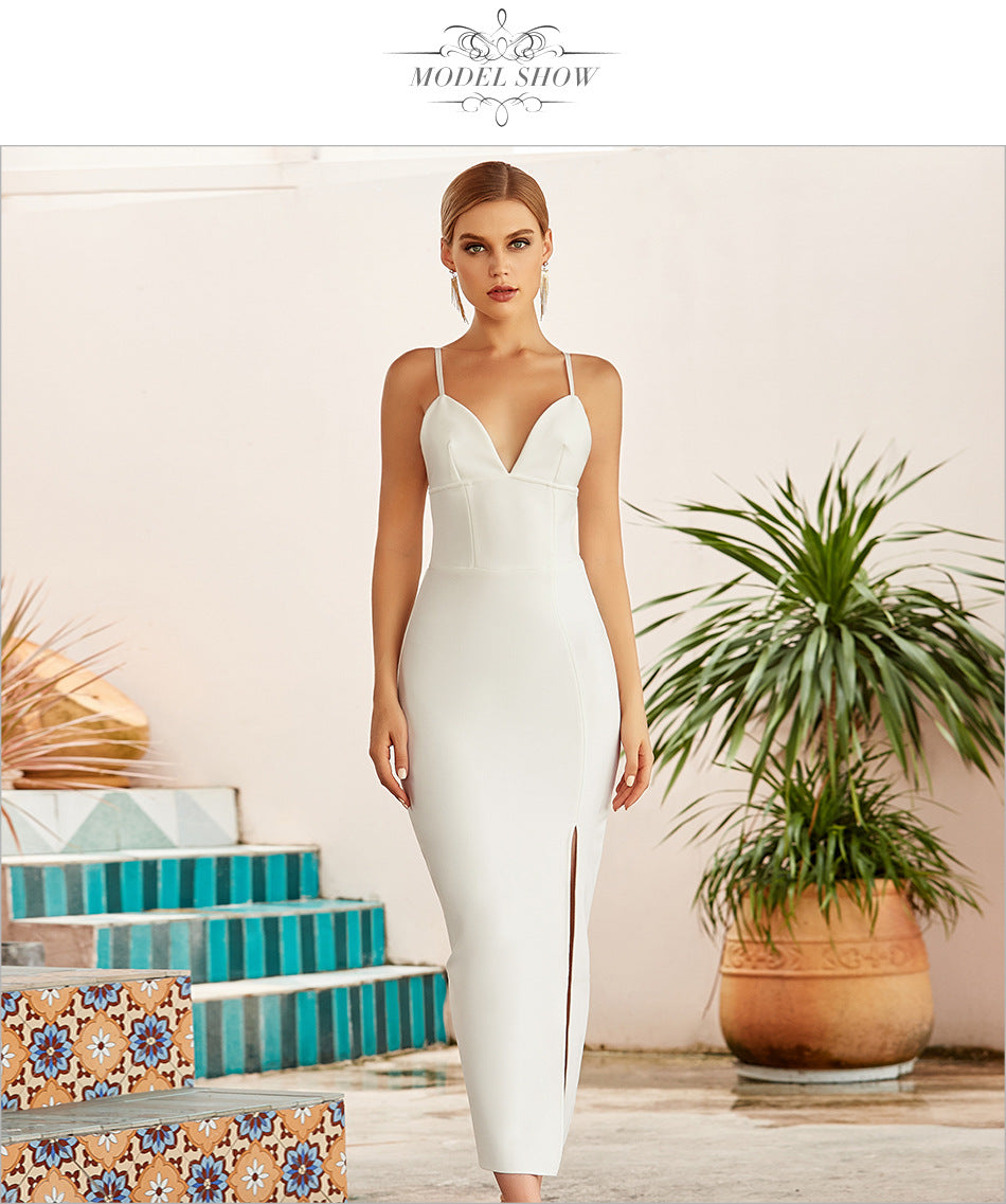 Women's White V-Neck Ruched Slit Maxi Evening Dress - White